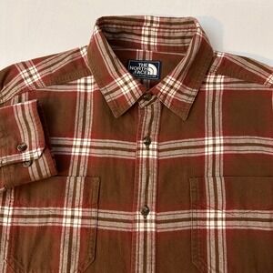 The North‎ Face Mens M Red Brown Plaid Flannel Shirt Long Sleeve Button Down